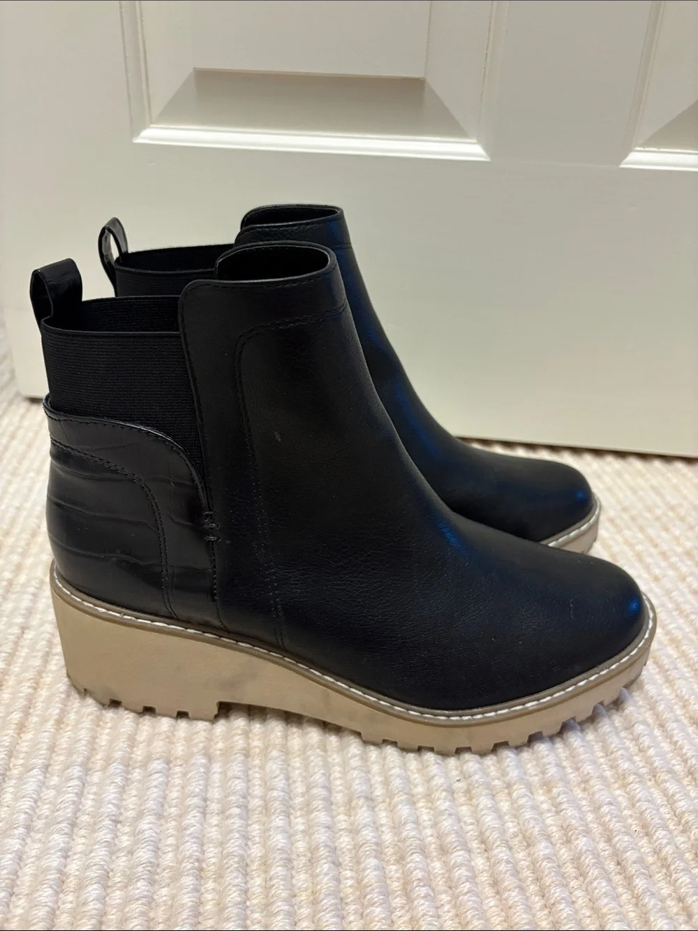 Dolce Vita Black Leather Wedge Chelsea Booties with Tan Lug Sole